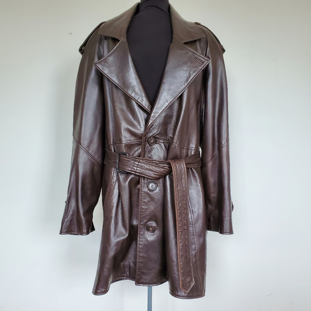 Vintage Mens Panos Seritis Leather Trench Coat M